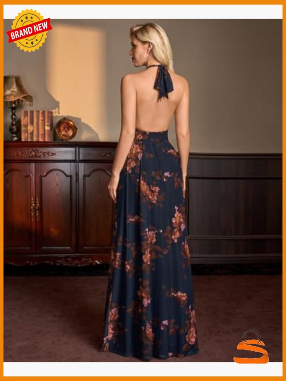 Women's Floral Halter Wedding Guest Maxi Dress V Neck Mesh Semi Formal Long - Picture 2 of 6